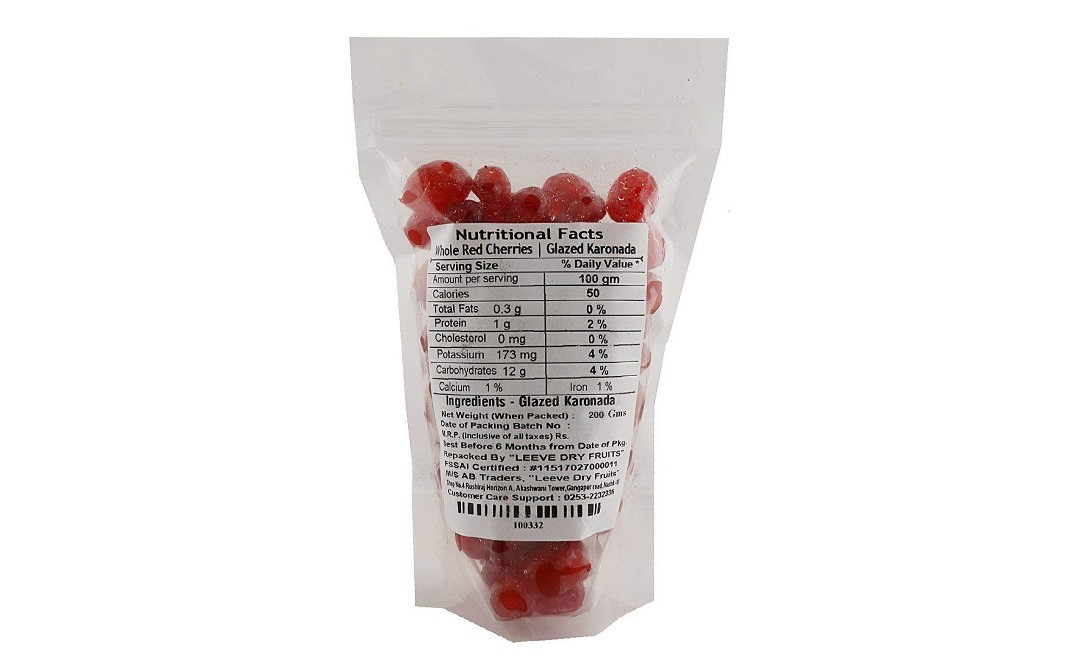 Leeve Dry fruits Whole Red Cherries Glazed Karonada   Pack  200 grams